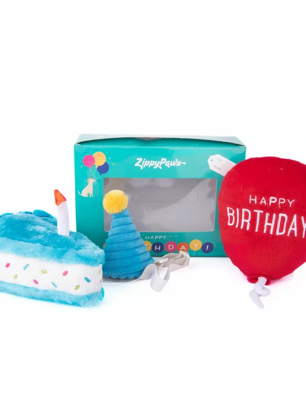 ZippyPaws Blue Birthday Pet Toy Set - Cake, Party Hat & Red Balloon